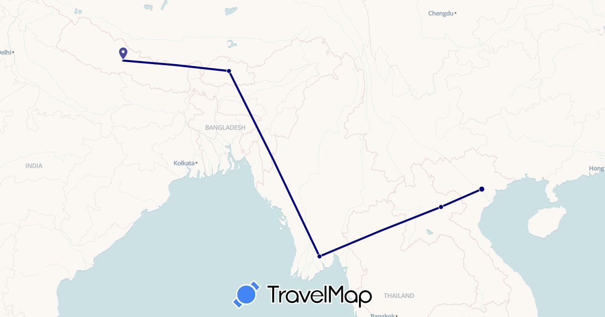 TravelMap itinerary: driving in Bhutan, Laos, Myanmar (Burma), Nepal, Vietnam (Asia)
